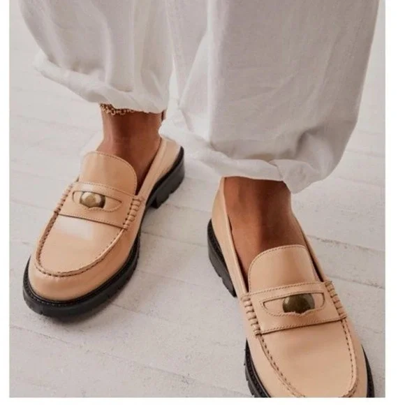 FREE PEOPLE Liv Camel Leather Penny Loafers 6 EUR 36 Heritage Minimalist Preppy - Picture 1 of 16